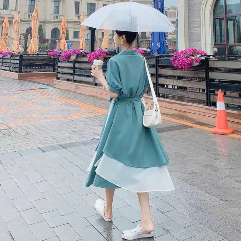 ĐẦM SƠ MI XANH TÚI HỘP PHỐI TRẮNG MS167