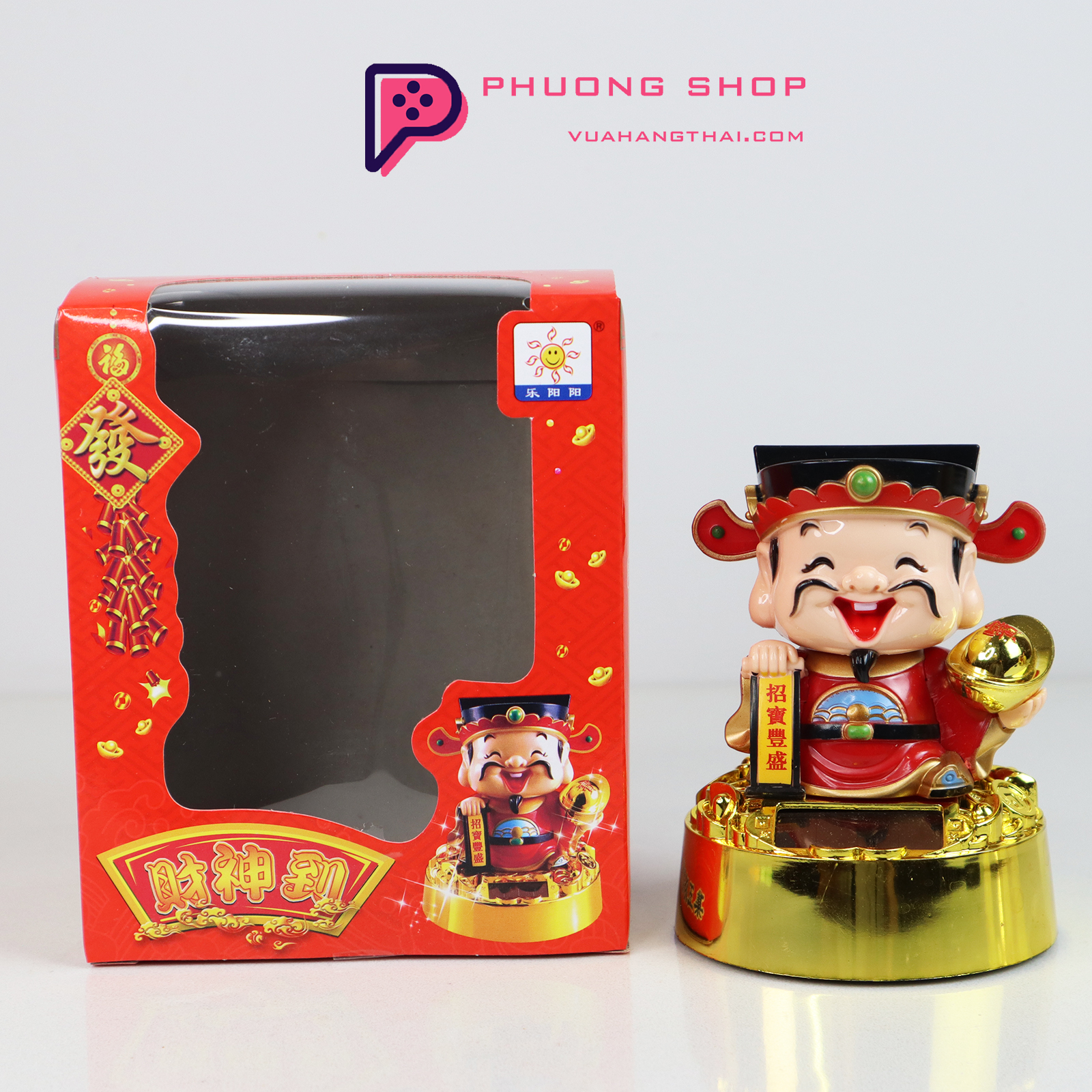 Tượng Thần Tài Mini Gật Đầu Cầm Thỏi Vàng - Dùng năng lượng mặt trời, mang lại may mắn, tài lộc, quan lộ thăng tiến