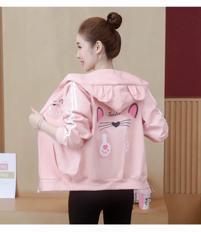 Áo khoác dù nữ có nón in hình sau lưng tay chạy viền