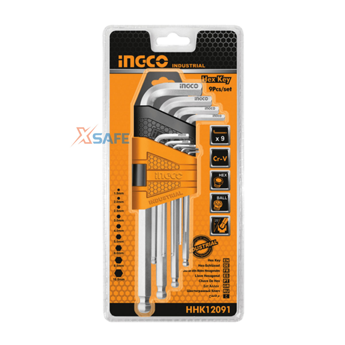 Set 9 key hexagonal round head ingco HHK12091 compact design. Lock hexagonal material CR-V, size 1.5-10mm, heat resistant and is plated with chrome steel. -48/t-distribution genuine xsafe