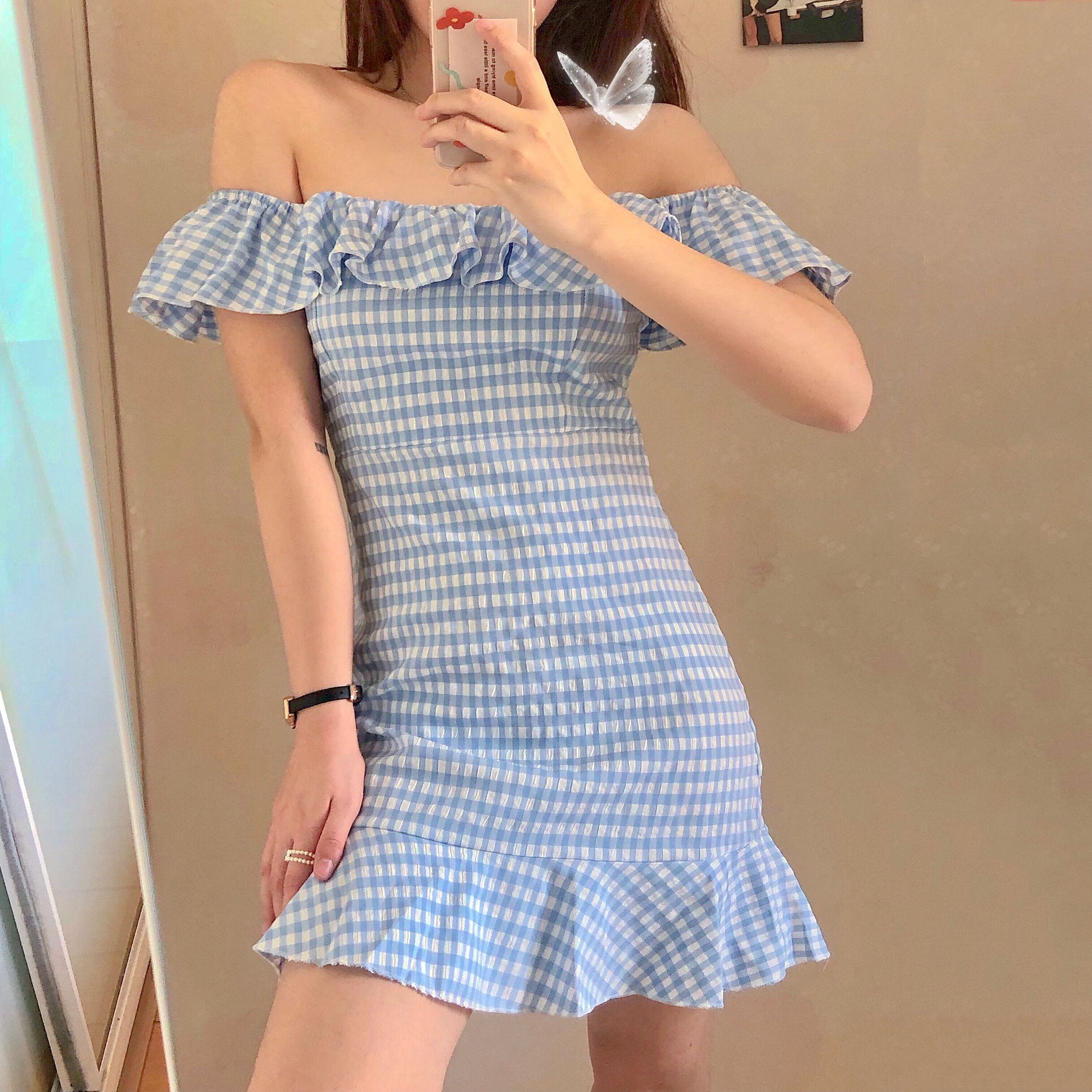 Váy kẻ hở vai bèo nhún - V004