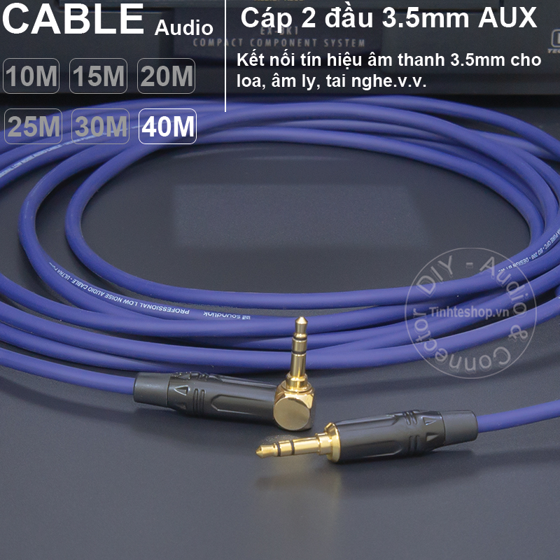 DIY 3.5mm AUX audio cable with straight and angled jacks from 10 to 40 meters long