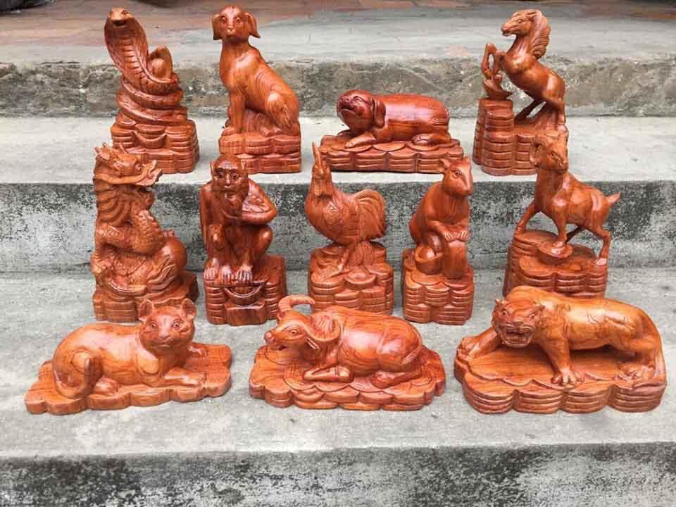 Bộ tượng 12 con giáp gỗ hương cao 15-20cm