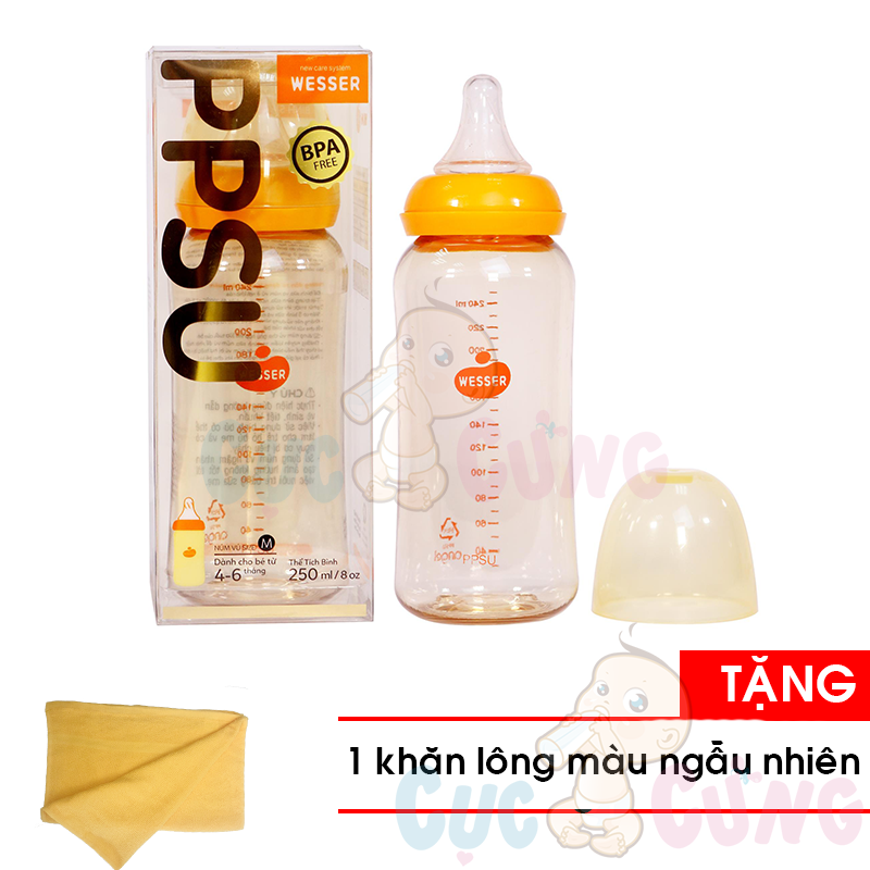 Bình sữa Wesser PPSU cổ nhỏ 250ml Tặng Khăn tắm cotton siêu mềm màu ngẫu nhiên 25x40cm - binh sua co thuong
