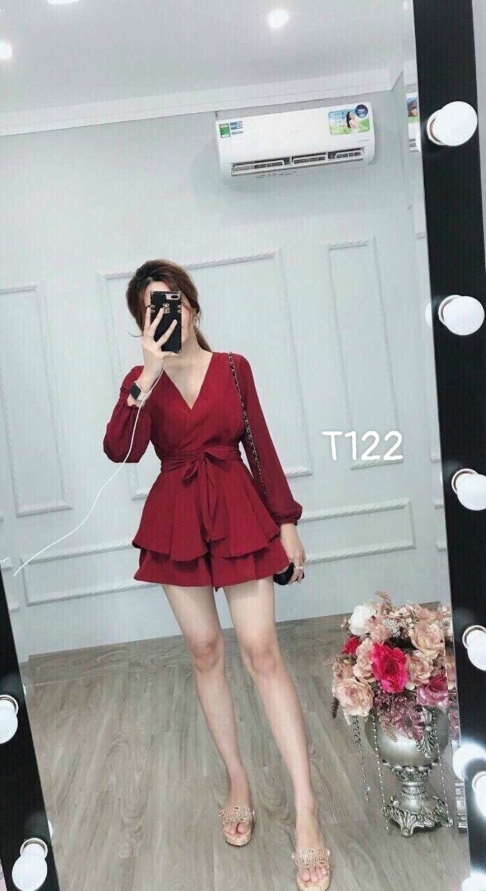 [HCM]Đầm xoè bèo cột nơ eo tay dài cổ v chất liệu umi lụa T122