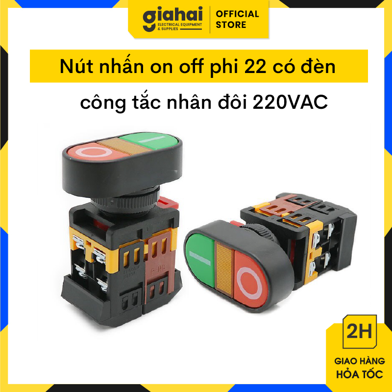 Nút nhấn on/off phi 22 có đèn, công tắc nhân đôi 220vac - tbd64