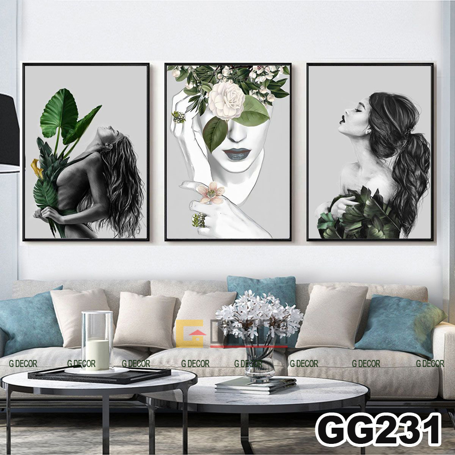 Tranh treo tường canvas khung gỗ 3 bức phong cách hiện đại Bắc Âu tranh cô gái trang trí phòng khách phòng ngủ spa 231