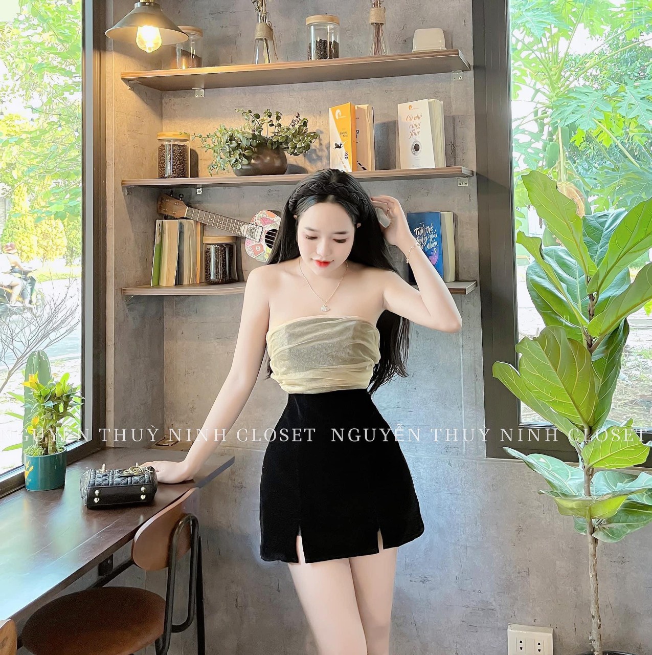 Đầm nhung phối lưới có mút ngực kèm lót quần xinh ldt1022