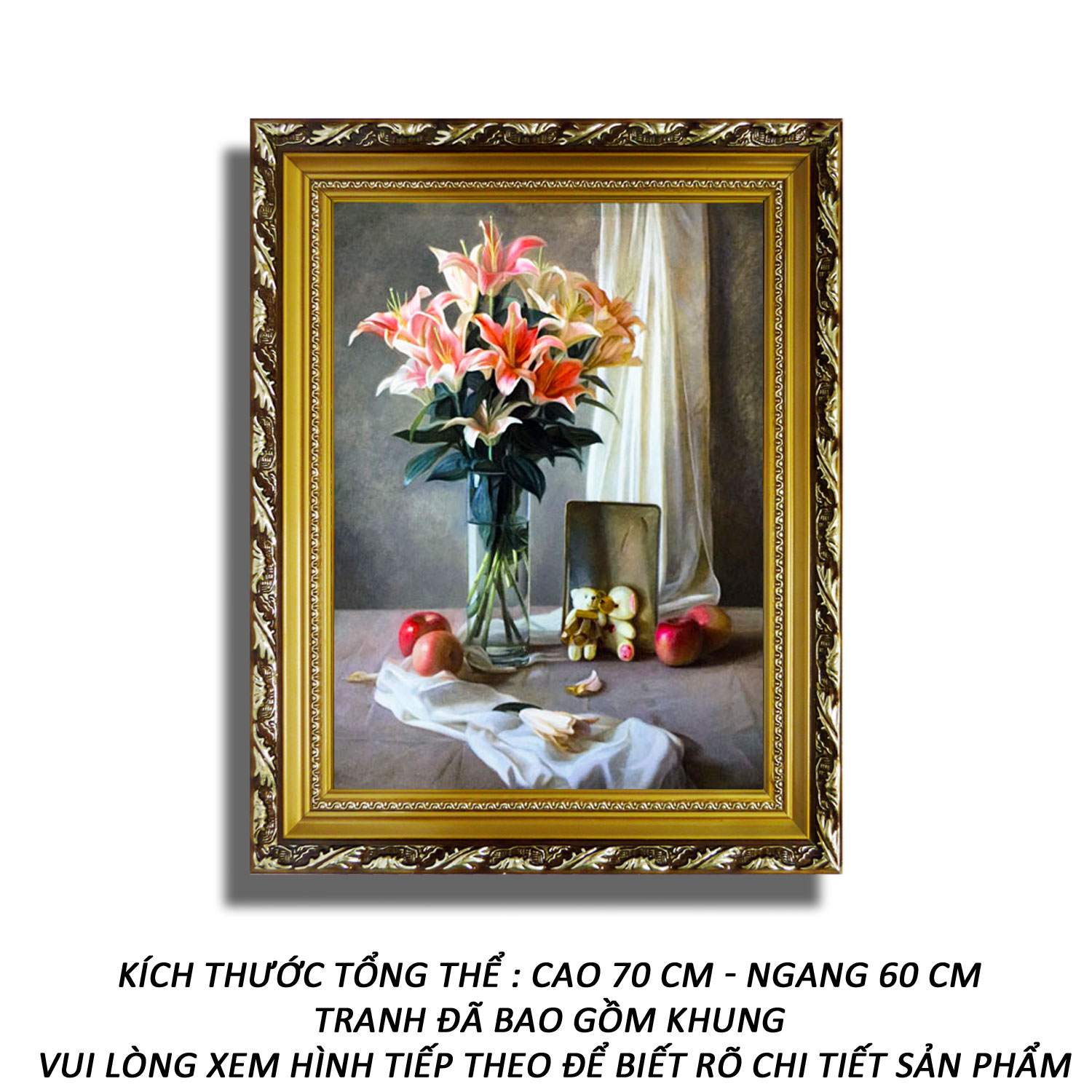 Tranh treo tường - Bình Hoa Tulip Hồng 16 - Tranh Minh Hiền (KHUNG GỖ - 60 x 70cm)