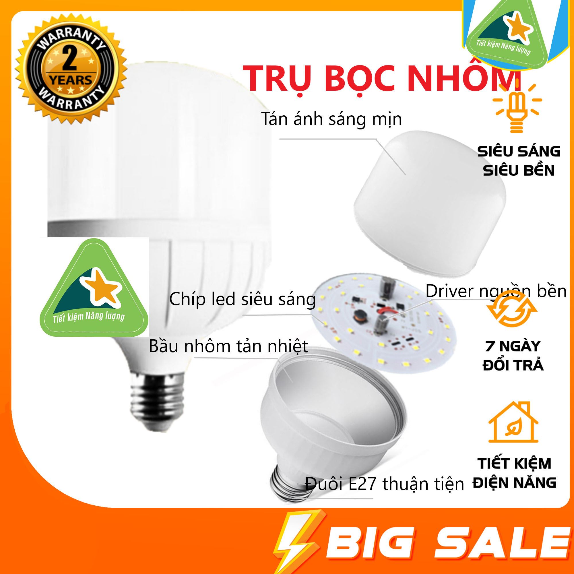 Bóng LED Trụ Nhôm Tản Nhiệt 15W LOẠI XỊN KÍN NƯỚC Siêu Sáng Chính Hãng Tiết Kiệm Điện