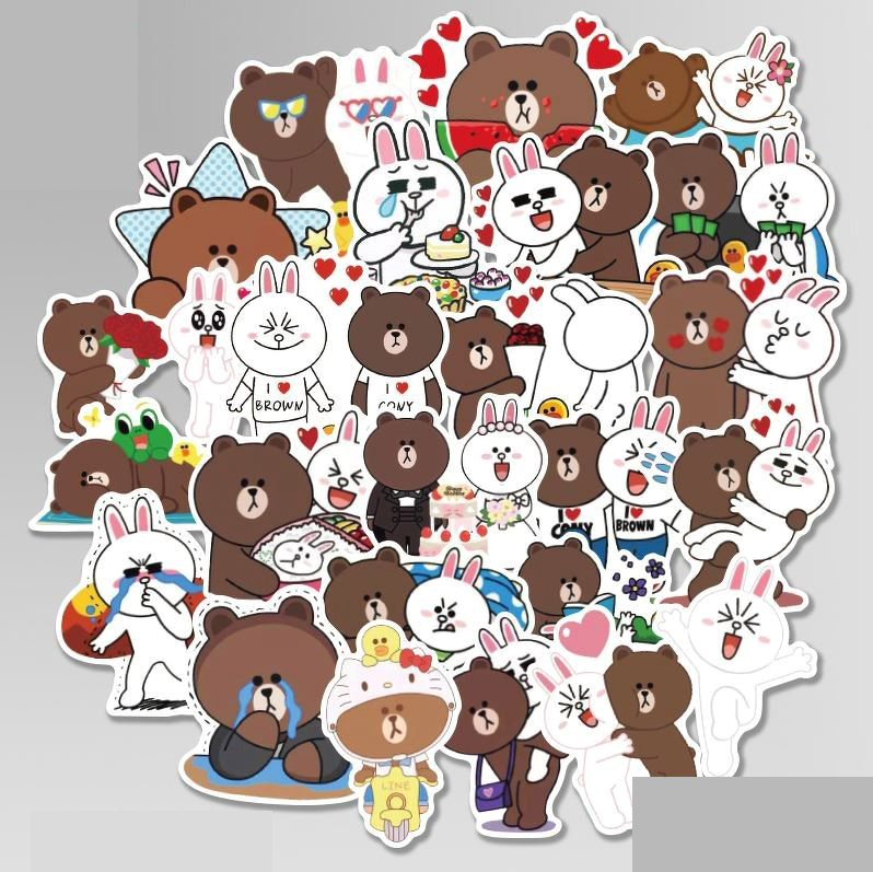 sticker Gấu Thỏ Line set 30 đến 100 Brown and Cony hình dán có ép lụa