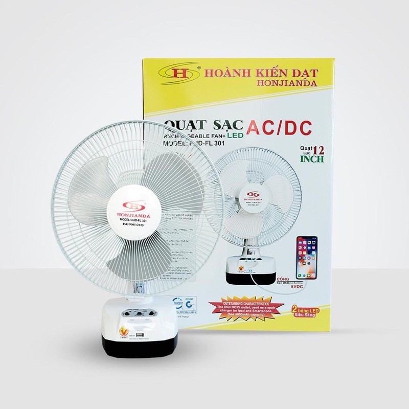 QUẠT SẠC TÍCH ĐIỆN HONJIANDA FL-301 (2 BÌNH CÓ CỔNG SẠC USB )
