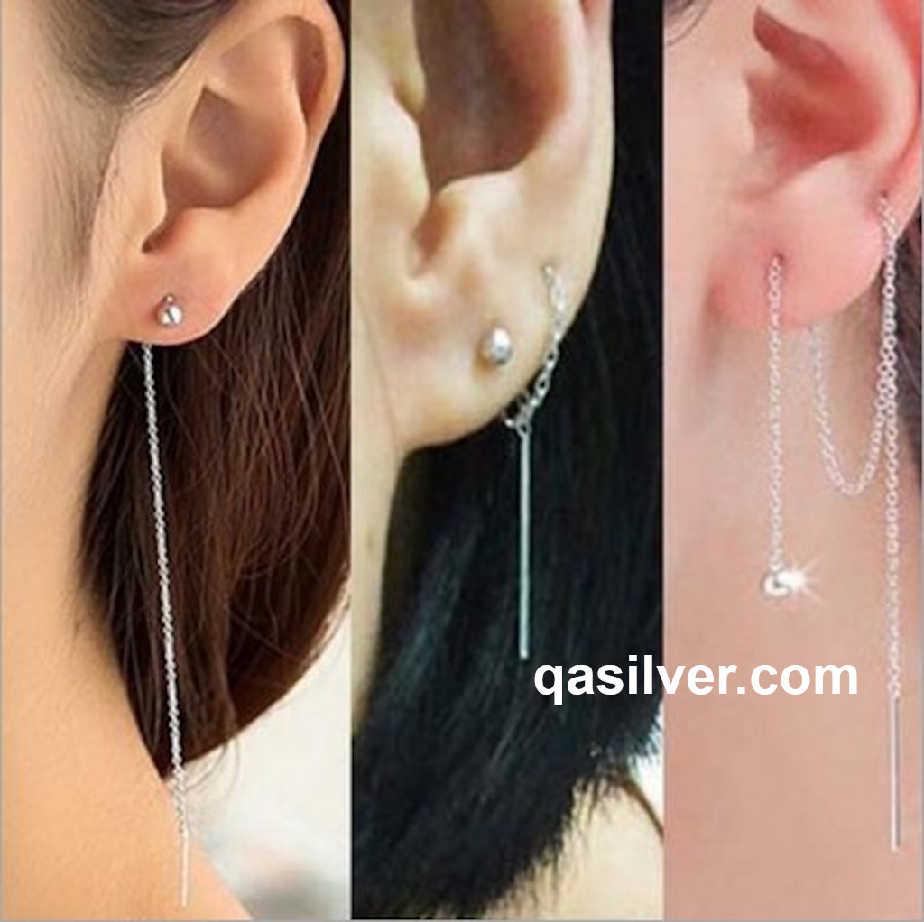 Khuyên tai bạc 925 dáng dài bi tròn bông nữ tua xích S925 CHAIN QA SILVER Earrings EA170101