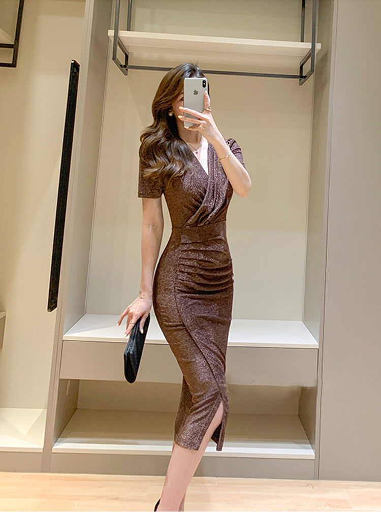 Đầm body kim tuyến đắp chéo kc53295