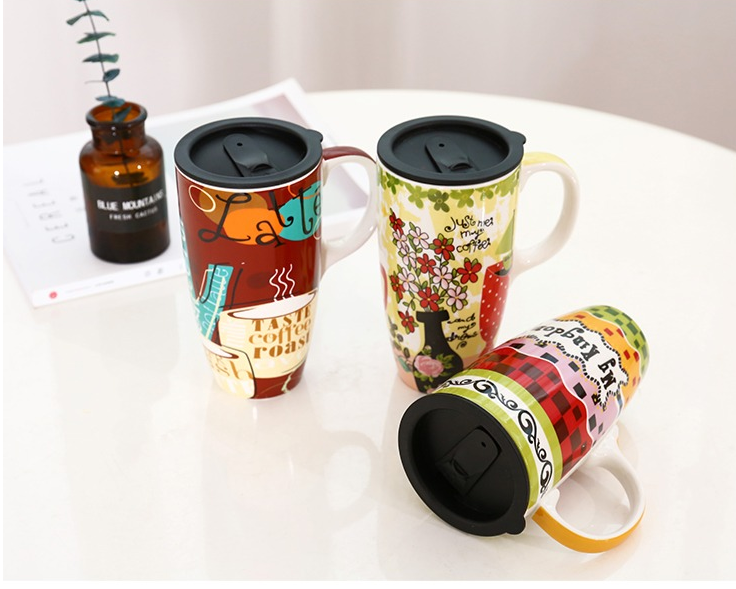 (tặng muỗng ) Cốc gốm sứ 500 ml có nắp họa tiêt 3d - ly uống cà phê trà có nắp - ly su - Ly Sứ có tay cầm - ly uống nước