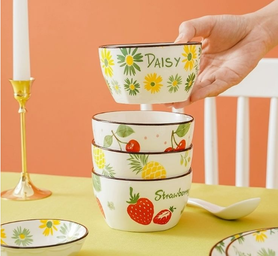 [HCM]Chén Bát Ăn Cơm Bằng Sứ Hình Hoa Cúc Dâu Tây Cherry