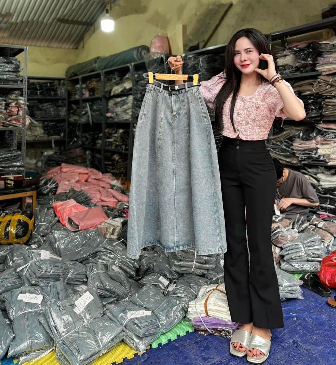 Chân Váy Jean Dài Xếp Ly Xòe Đẹp