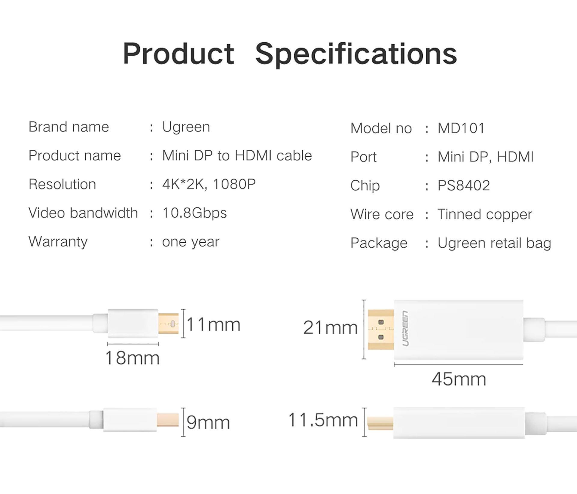 [HCM]Cáp Mini DisplayPort ra HDMI 4k@30Hz Cao Cấp UGREEN MD101