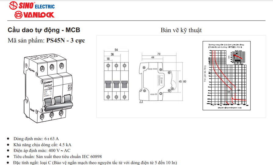 Cầu Dao Tự Động Sino Vanlock PS45N 2 Cực, 3 Cực. CB Sino Vanlock Hàng Chính Hãng Giá Rẻ Npp.