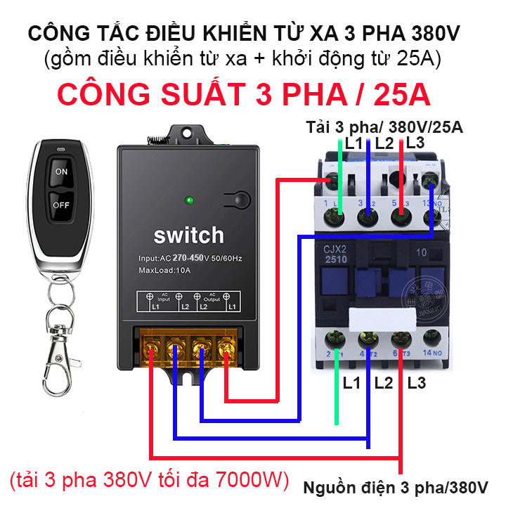 Công tắc điều khiển từ xa 3 pha 380V 25A 380V bật tắt mô tơ máy bơm nước máy rửa xe 3 pha tối đa 7000W