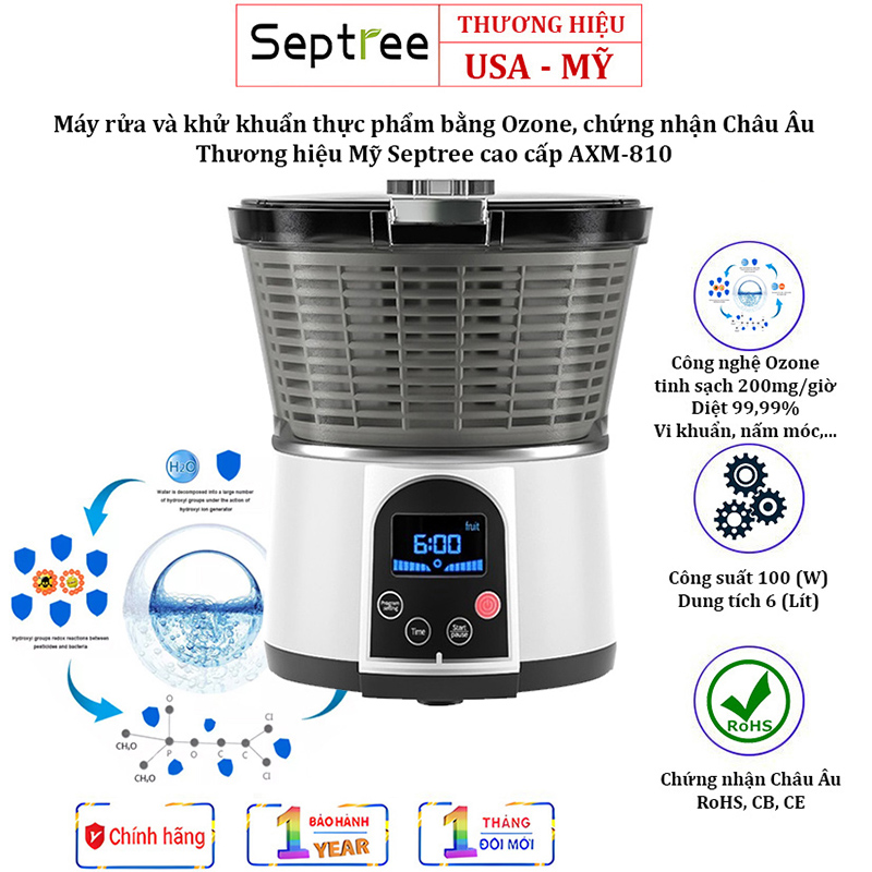 Máy rửa và khử khuẩn thực phẩm bằng Ozone, chứng nhận Châu Âu, 6 chế độ lọc thông minh - Thương hiệu Mỹ Septree cao cấp AXM-810 [HÀNG CHÍNH HÃNG, 12 THÁNG BẢO HÀNH]