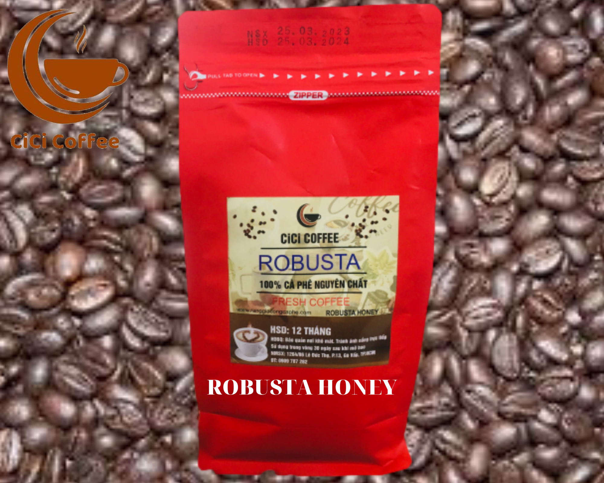 Cà phê hạt rang mộc robusta honey 500gr