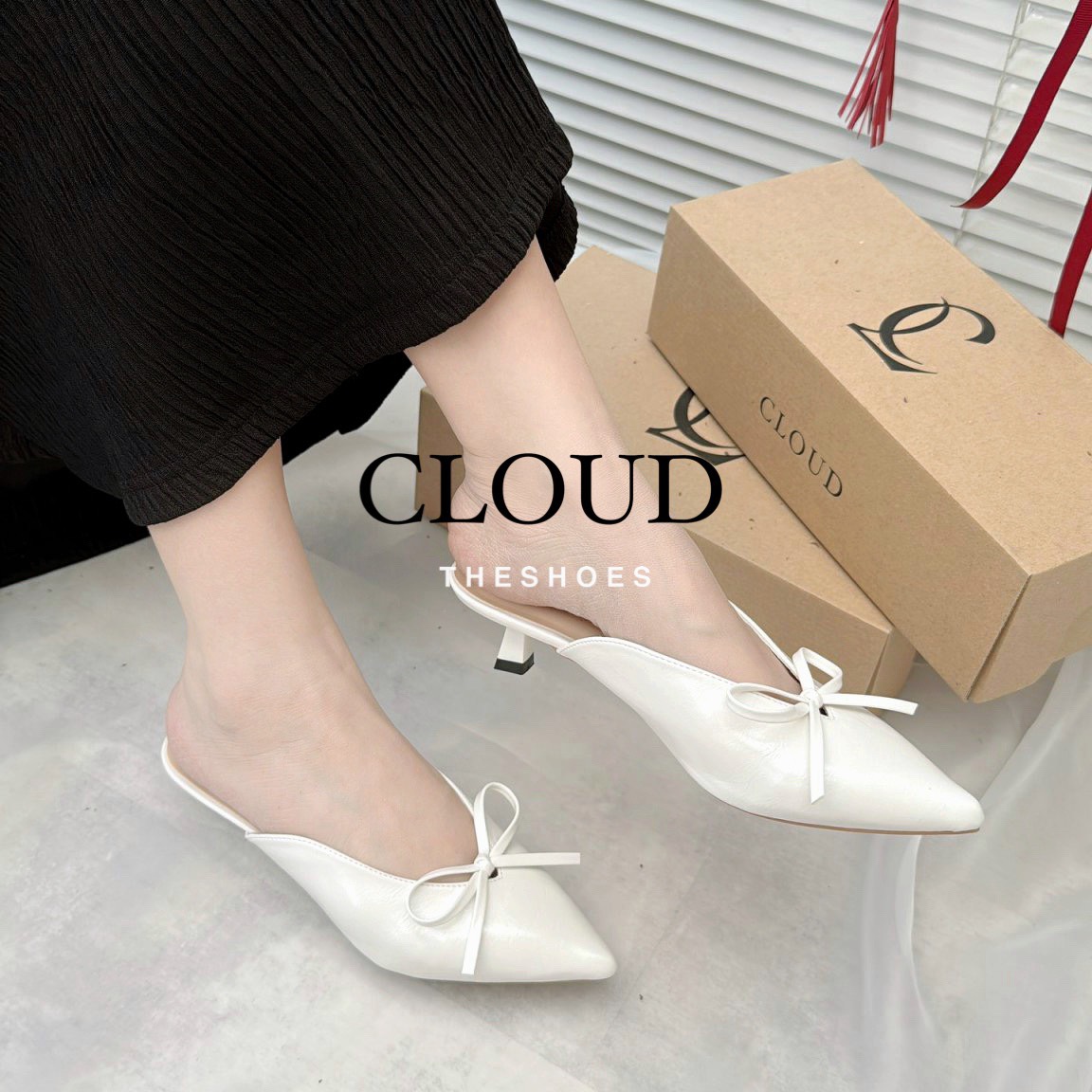 Giày cao gót nữ, giày mũi nhọn đính nơ thắt cao 4cm dễ mang, siêu xinh Cloud The Shoes