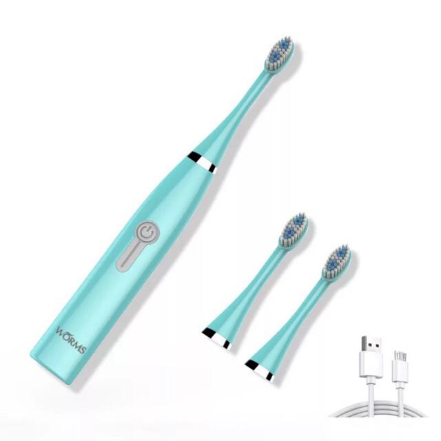 Bộ bàn chải đánh răng Worms 2 đầu thay thế, bàn chải răng massage Toothbrush, bàn chải điện thông minh tự động rung, bàn chải răng nam nữ