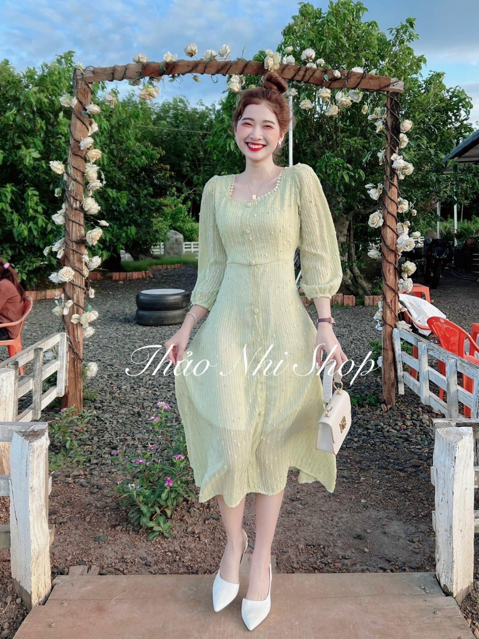 <SALE 9.9> [ SALE ĐẦM CAO CẤP ]ĐẦM MIDI TAY DÀI PHỐI NÚT CỔ VUÔNG SIÊU HOT