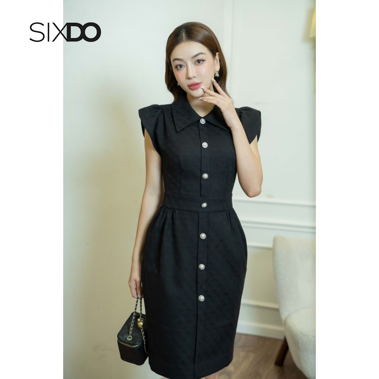 Đầm đen cổ sơ mi tay hến sixdo