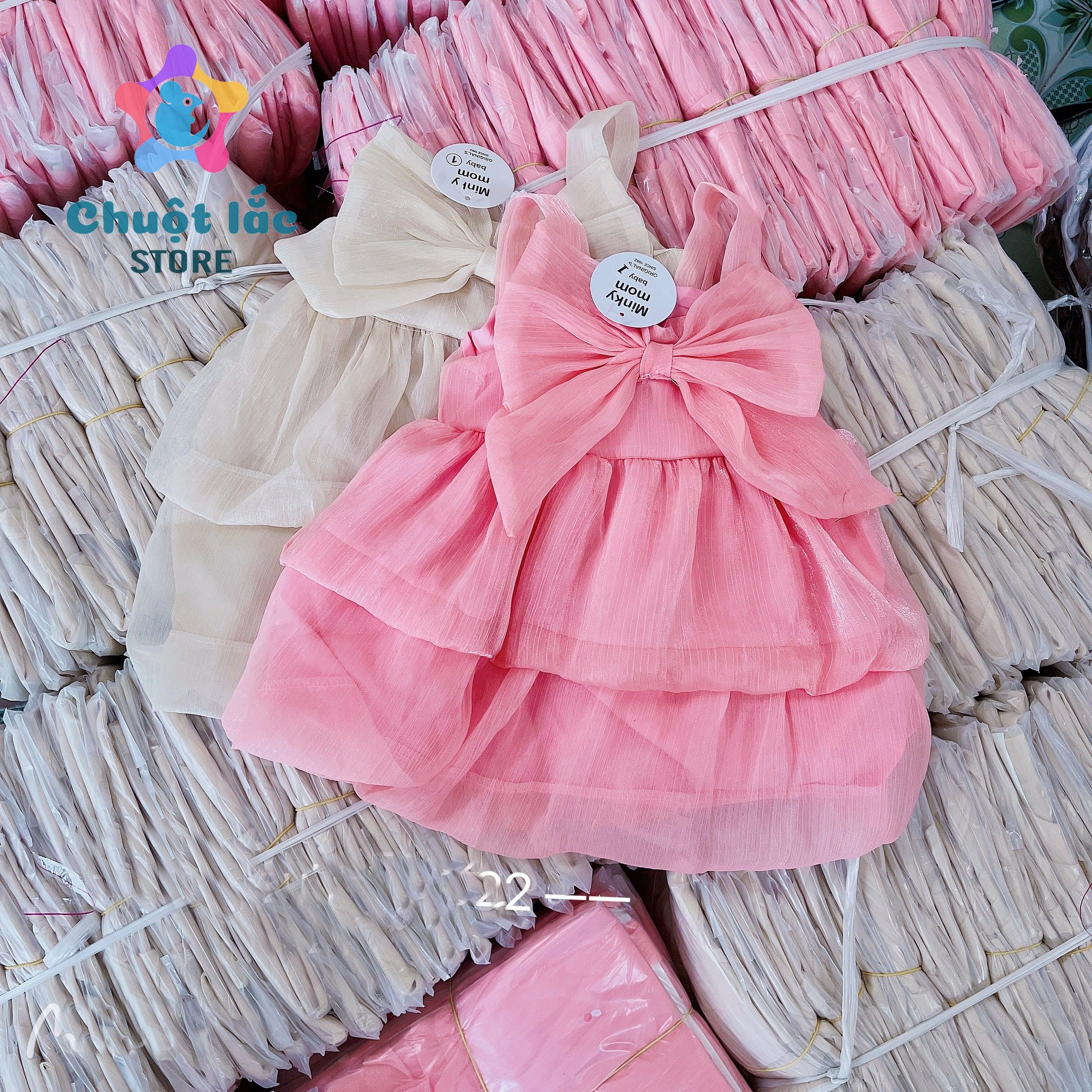 Váy đầm công chúa cho bé gái 2 dây nơ xinh chất tơ óng lót lụa 10kg đến 20kg màu hồng, be
