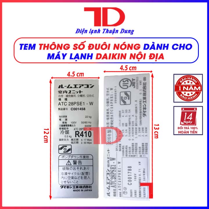 Tem thông số dành cho máy lạnh DAIKIN nội địa ATC 25PSE1 - Điện Lạnh Thuận Dung