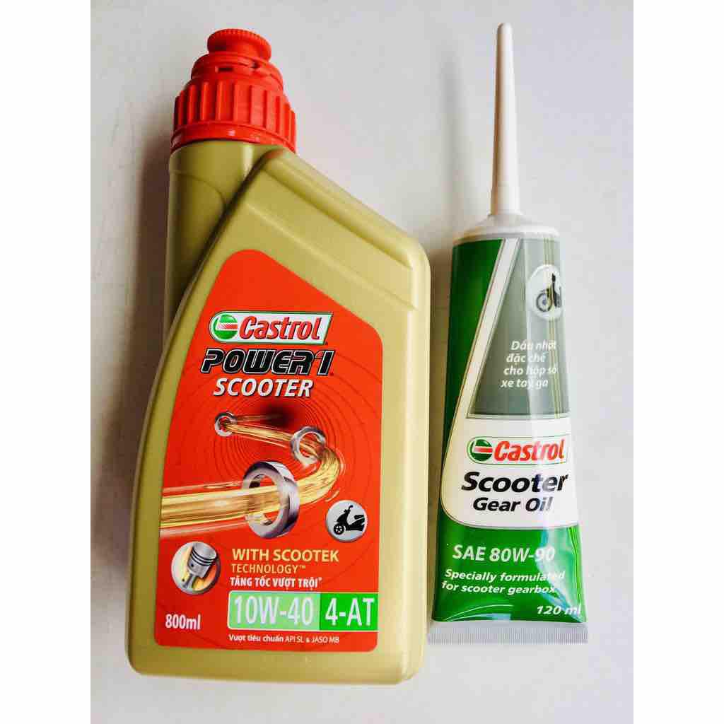 Combo 1 chai nhớt tay ga CASTROL SCOOTER 10w40 800ml + 1 típ nhớt hộp số CASTROL SCOOTER GEAR OIL 80w90 120ml