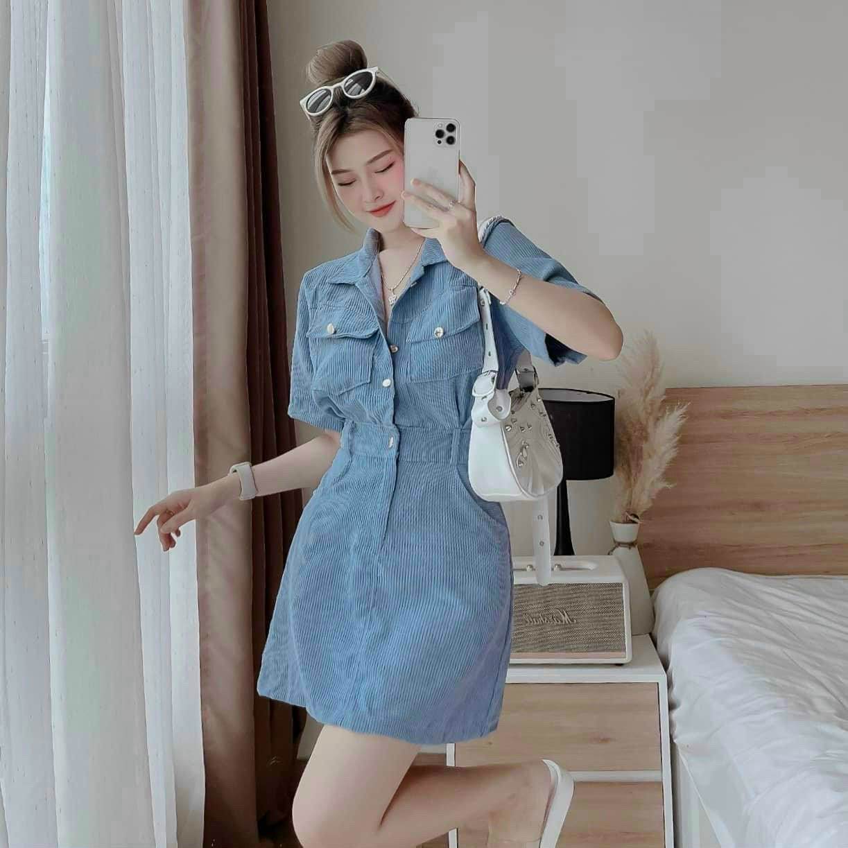 Đầm Nữ phối nút thắt eo cổ sơ mi sang trọng quý phái HARI