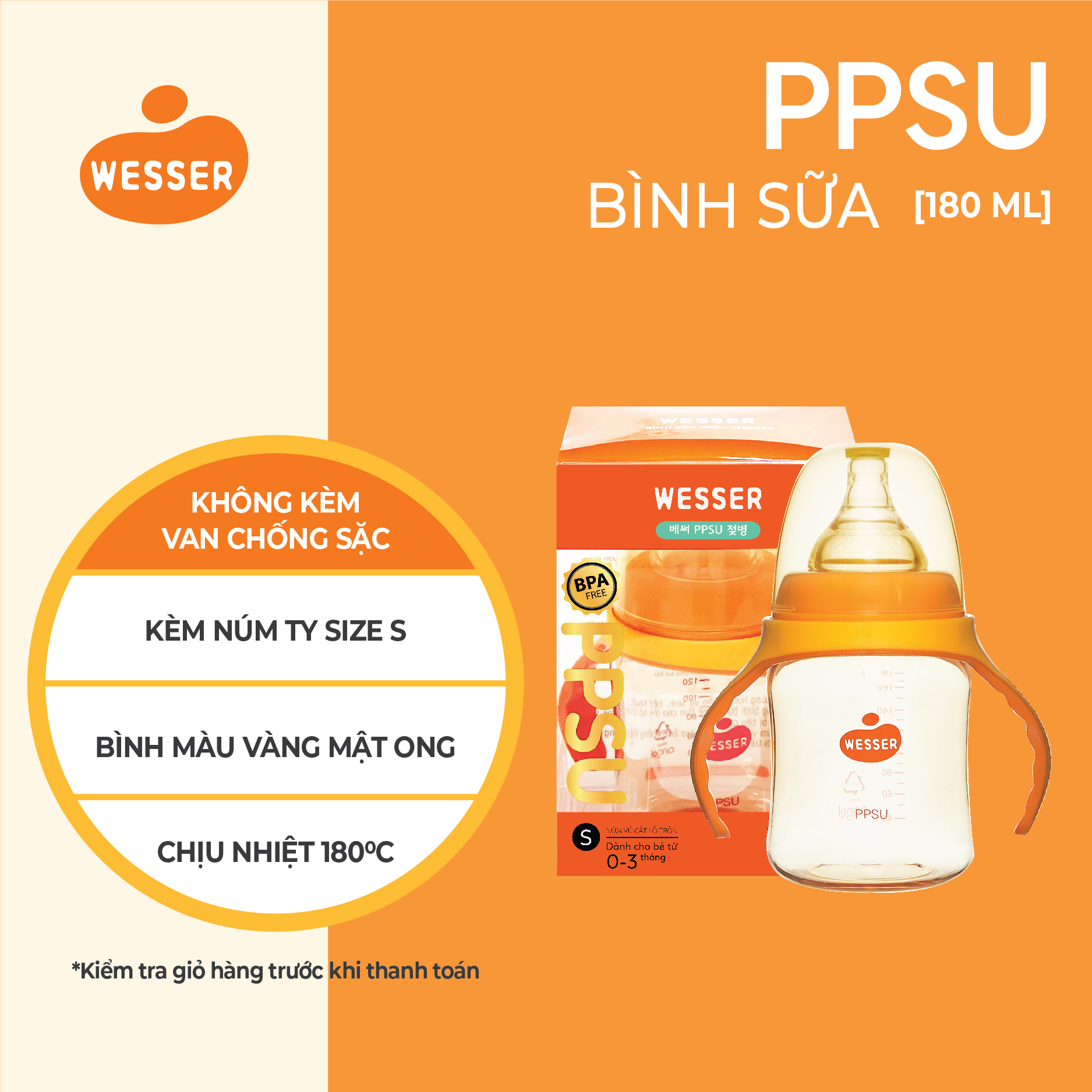 Bình sữa cổ rộng PPSU Wesser 180ml/260ml ( BAO BÌ MỚI )