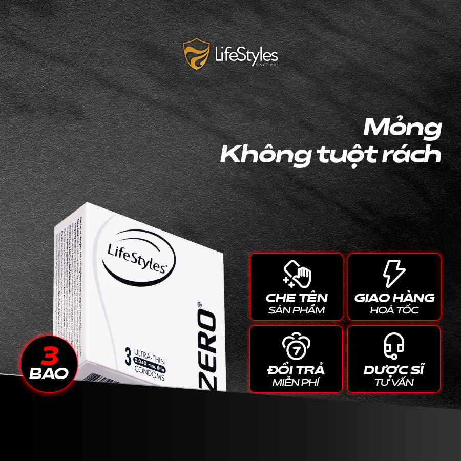 Bao cao su mỏng khít LifeStyles Zero - Trơn êm -  Hộp 12 bao