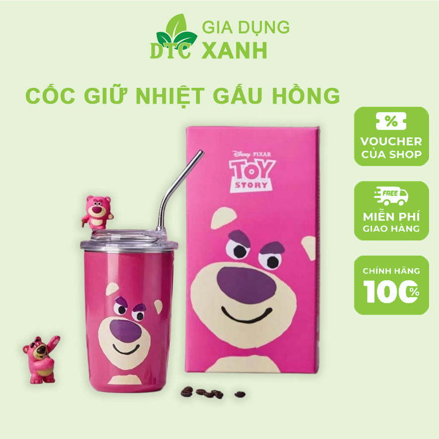 LY CỐC GIỮ NHIỆT HOẠ TIẾT GẤU DÂU LOSTO SIÊU XINH LÕI INOX 304 CHỐNG GỈ 450ML Tặng Ống Hút - Bình Nước Gấu Dâu 450ml