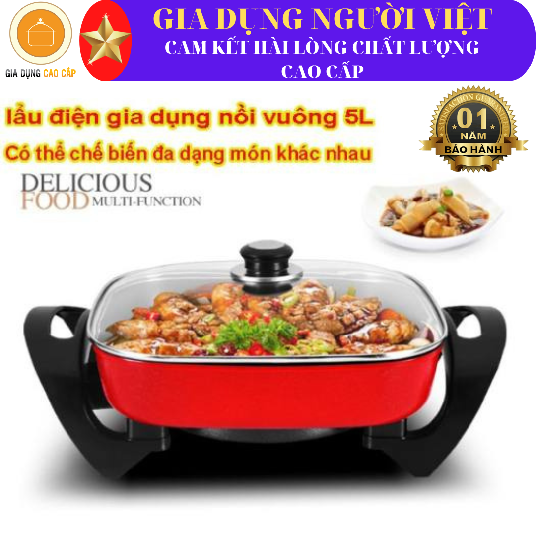 NỒI LẨU ĐIỆN VUÔNG ĐA NĂNG 5 lít- Công nghệ Hàn Quốc; nồi lẩu hình vuông nồi chiên xào dung lượng lớn chống dính lau rửa dễ dàng tay cầm cách nhiệt rễ dàng chân chắc trẵn trống trượt ,rễ dàng vệ sinh.