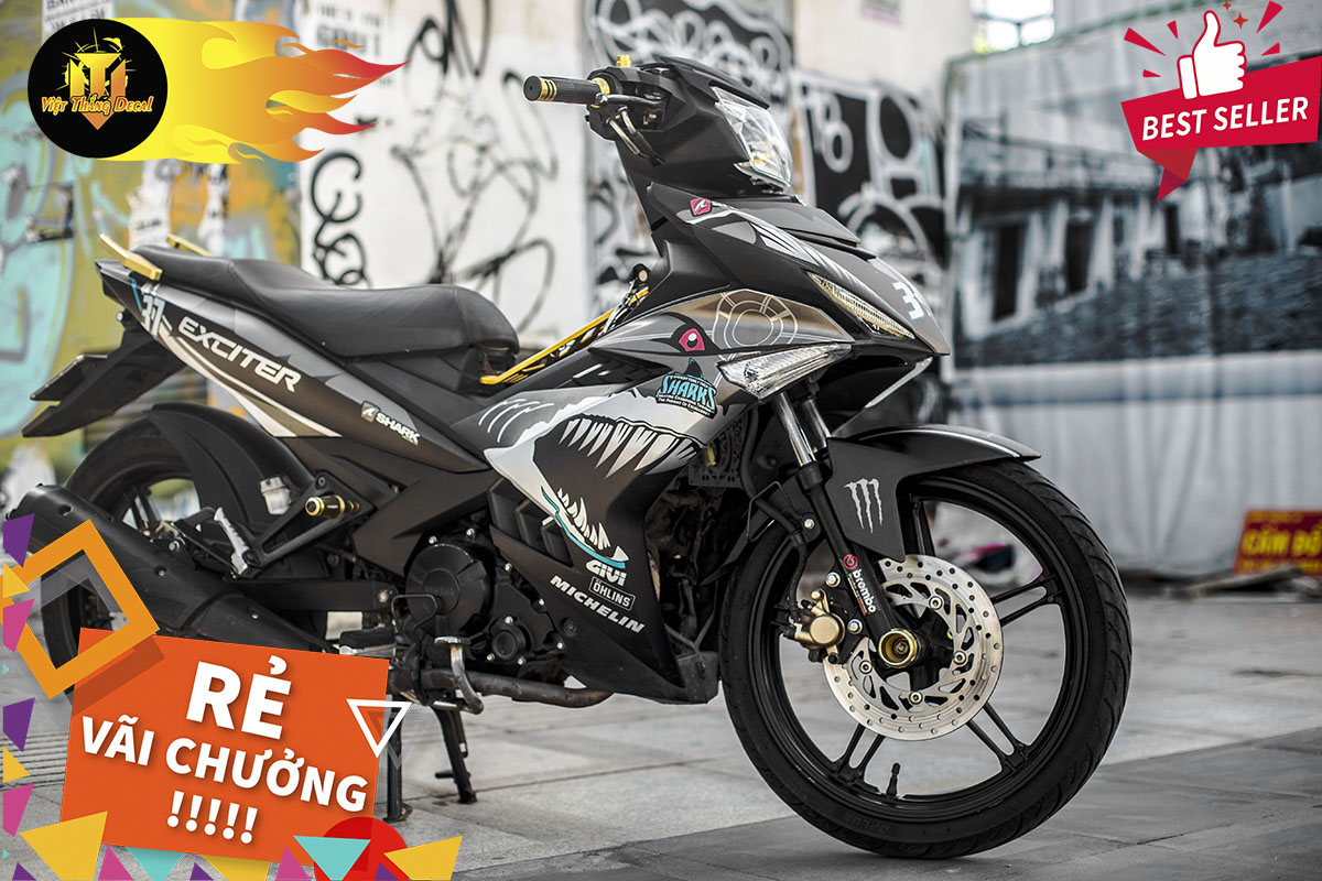 Tem Trùm Exciter 150 Cá Mập Shark Đẹp Độ Chế Decal (Trắng Xám Đen)