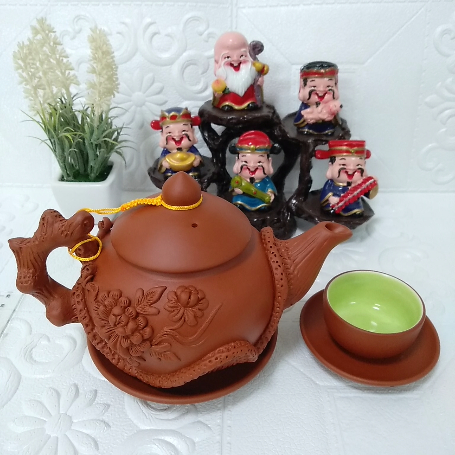 Bộ ấm chén đất nung Bát Tràng hoa phù dung 400ml màu đỏ