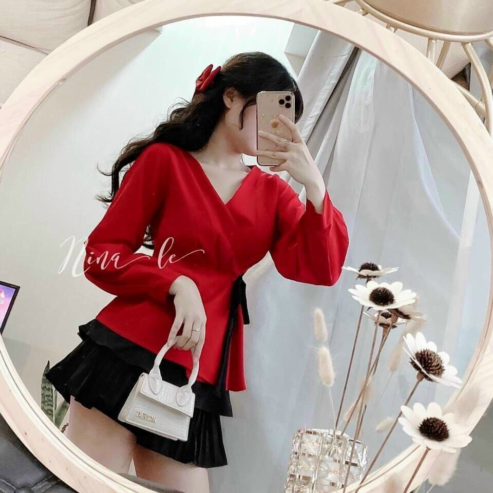 Áo kiểu nữ cổ v đắp chéo thắt dây hông dễ thương