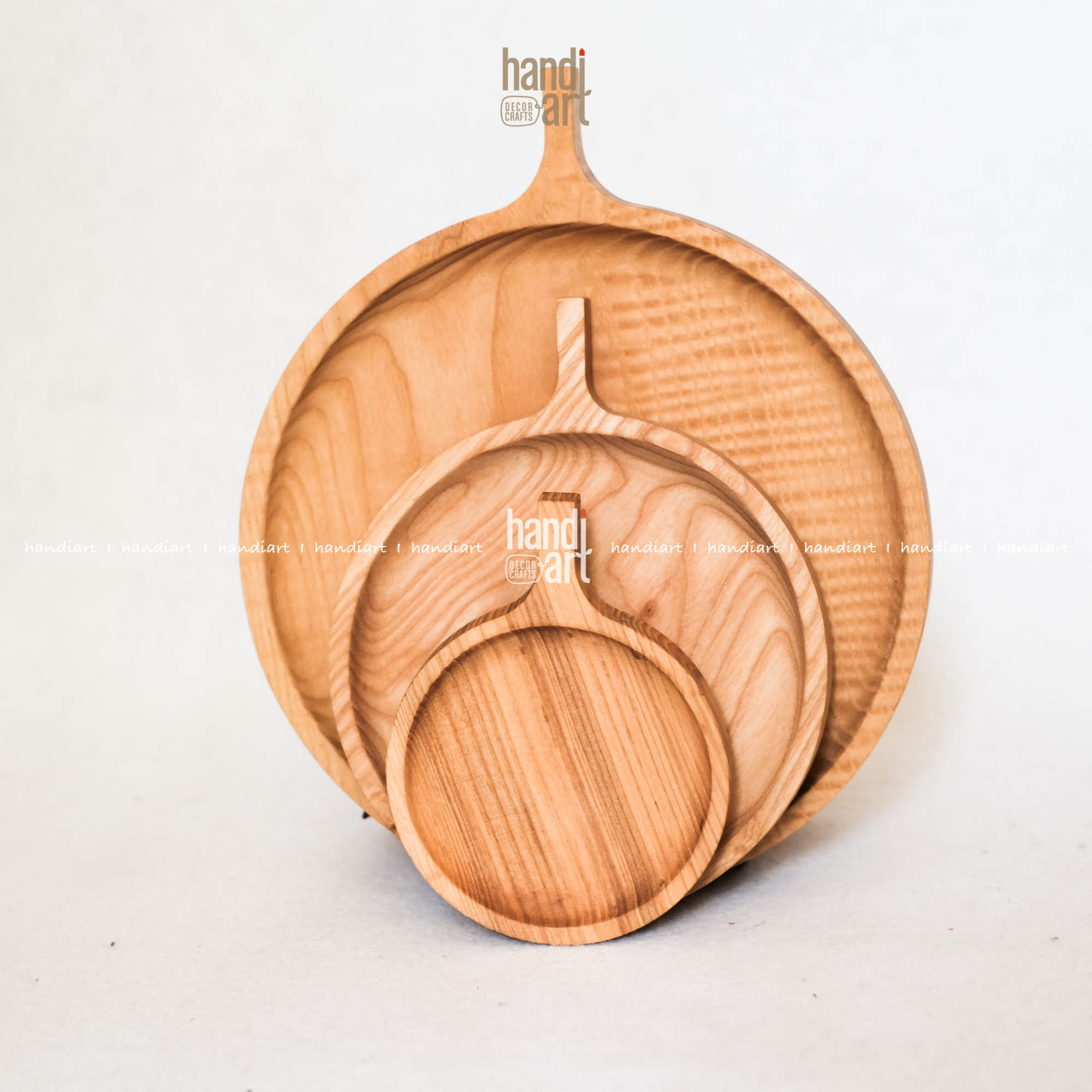Set of 3 tray round wood handle-tray Wood frequency