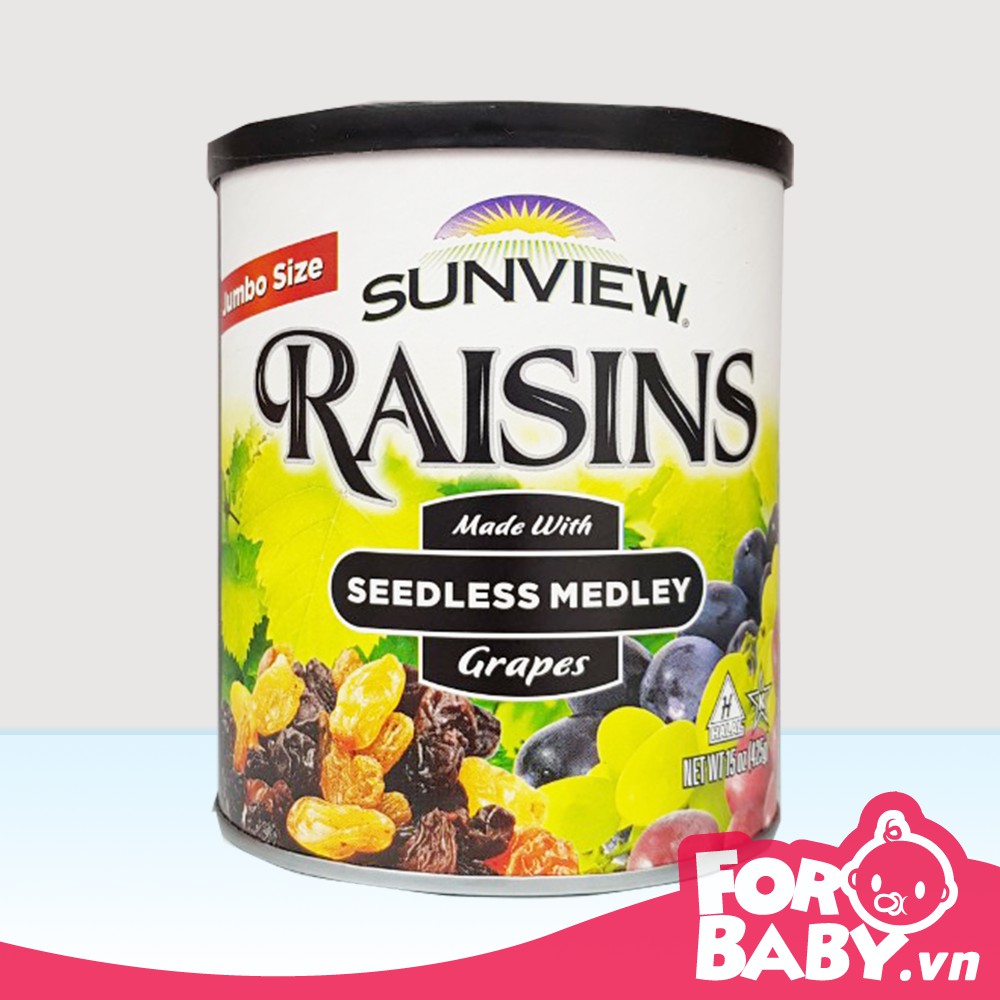 Nho Khô Mỹ Không Hạt Sunview Raisins Red Seedless Cung cấp protein; canxi; sắt; năng lượng cần thiết cho cơ thể. Nhập khẩu từ Mỹ Không chất bảo quản; thơm ngon