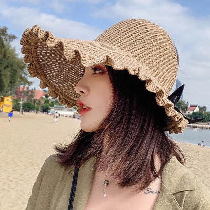 Mũ cói nửa đầu thăt nơ rộng vành đi biển siêu hot mùa hè