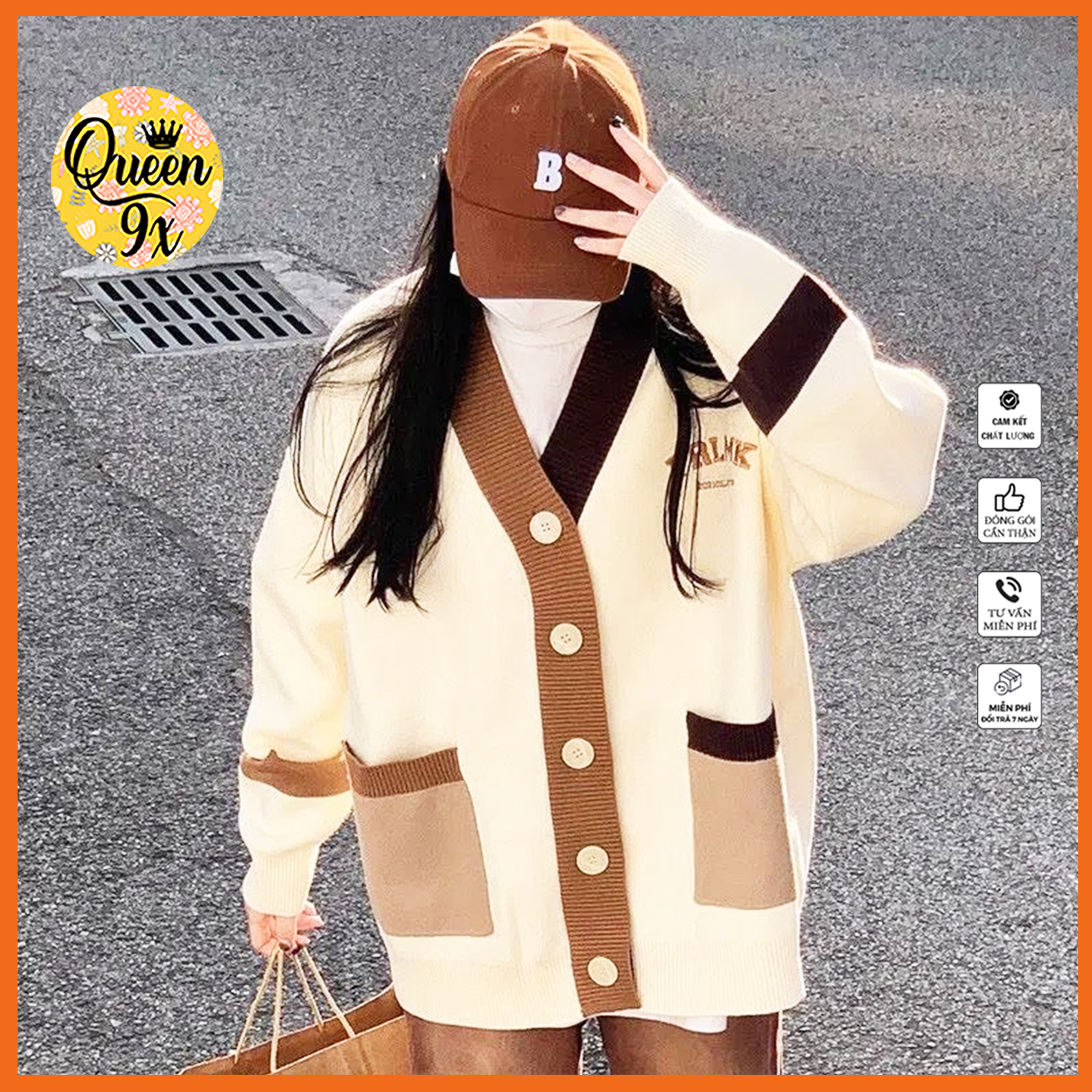 Áo Khoác Cardigan Viền Xanh Nâu FRMLK Form Rộng Basic