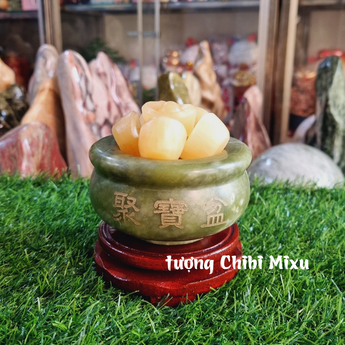 Bát Tụ Bảo Serpentine size 10cm (gồm 01 bát + 09 thỏi vàng + 01 đế gỗ)