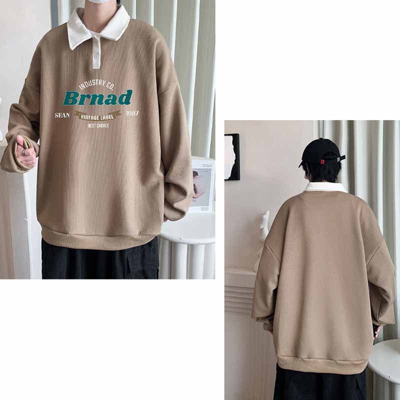 Áo khoác Sweater Nam Nữ Chui Đầu Họa Tiết Chữ BRNAD ,Chống Nắng Cặp Đôi Fom Rộng. Áo Polo Cổ Bẻ Gài Nút Unisex Thu Đông Dài Tay Màu Xanh - NỈ STORE M03