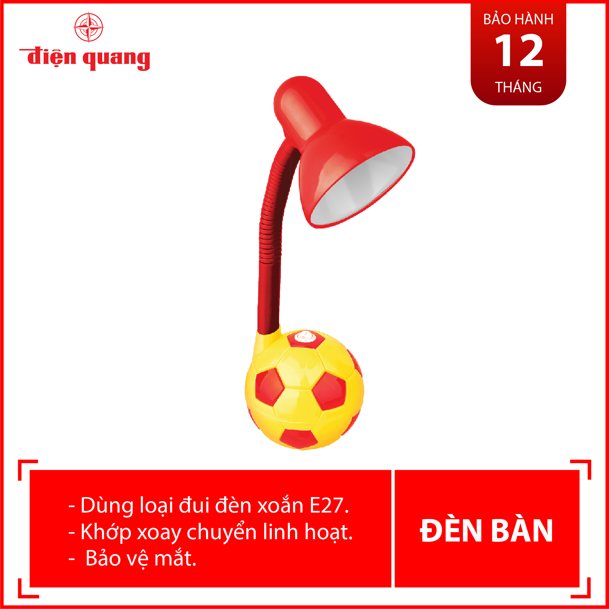 Đèn bàn Điện Quang ĐQ DKL01 RY BW (kiểu trái banh, đỏ vàng, bóng ánh sáng vàng, cắm điện trực tiếp)