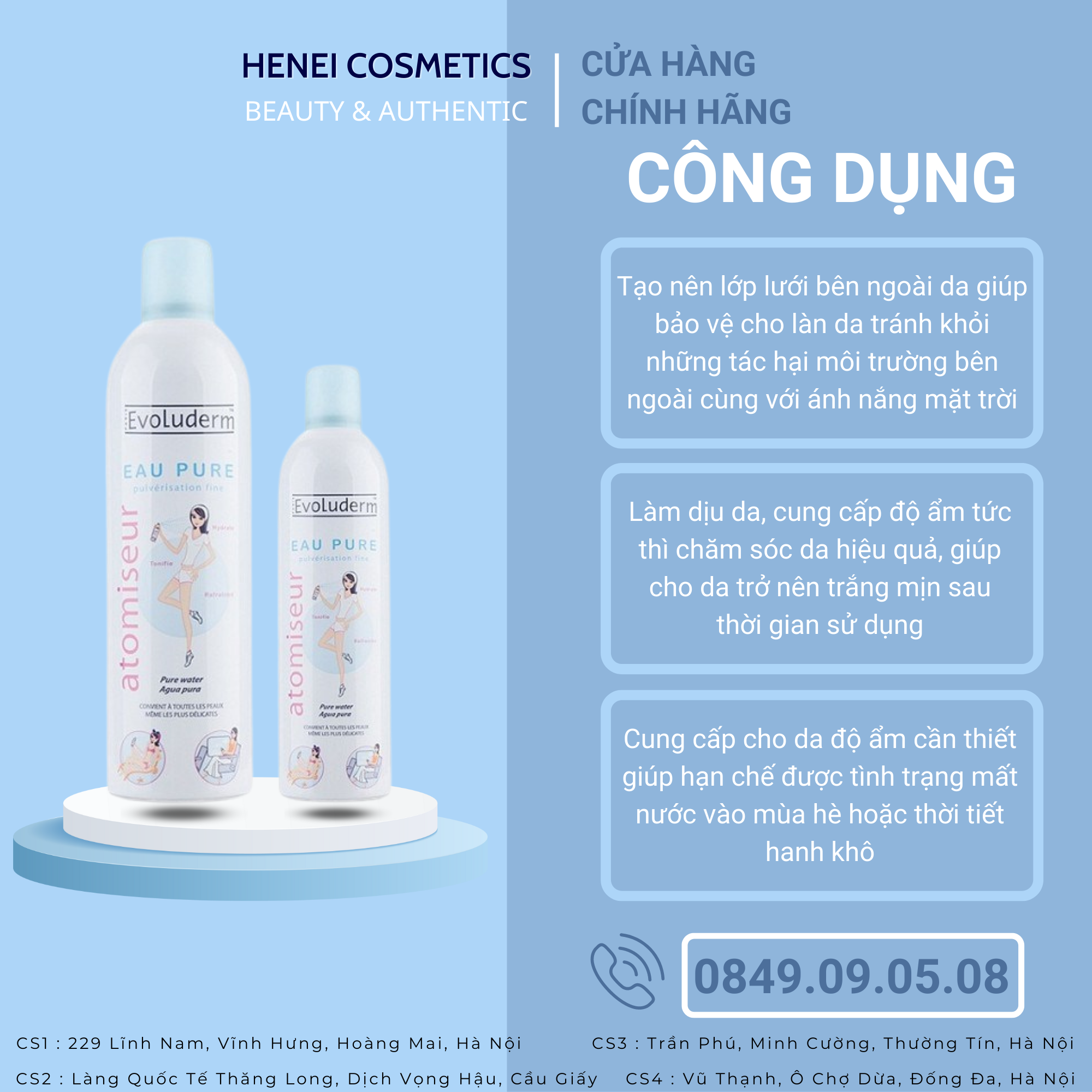 Xịt Khoáng Dưỡng Da Cấp Ẩm Evoluderm Atomiseur Eau Pure 150ml, 400ml