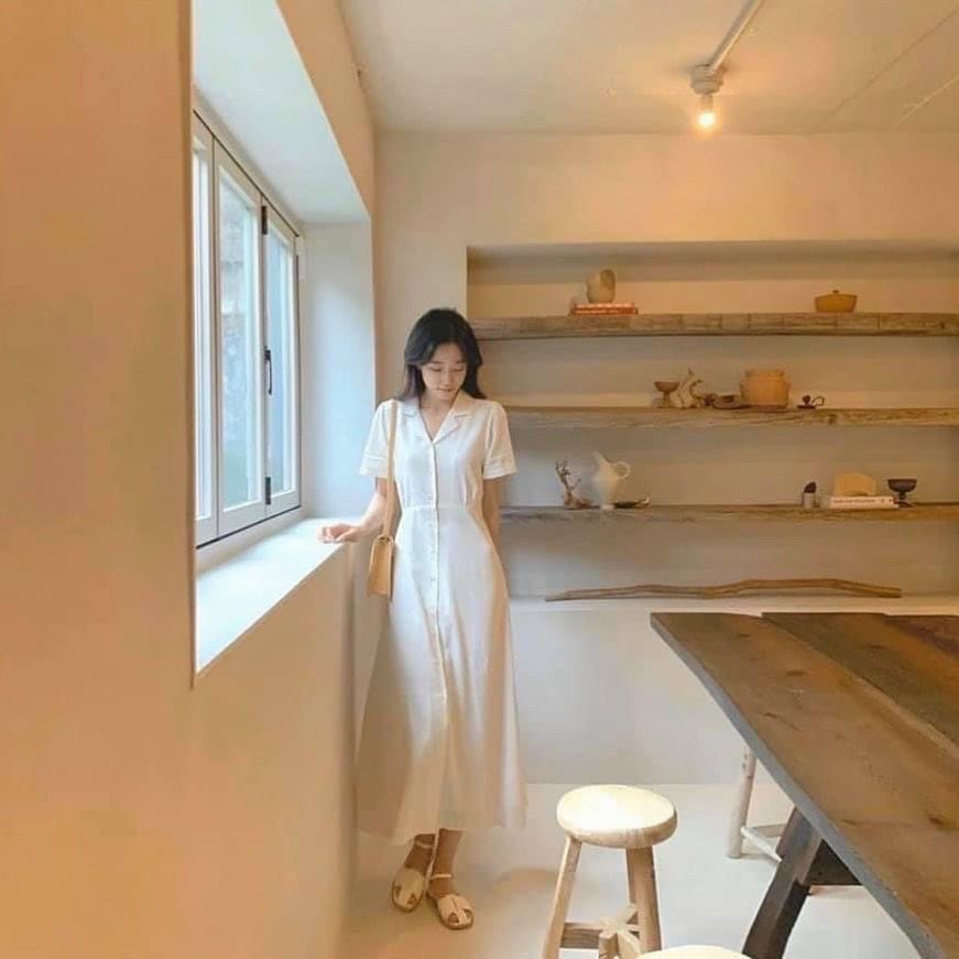 Đầm cổ sơ mi trắng nút trước